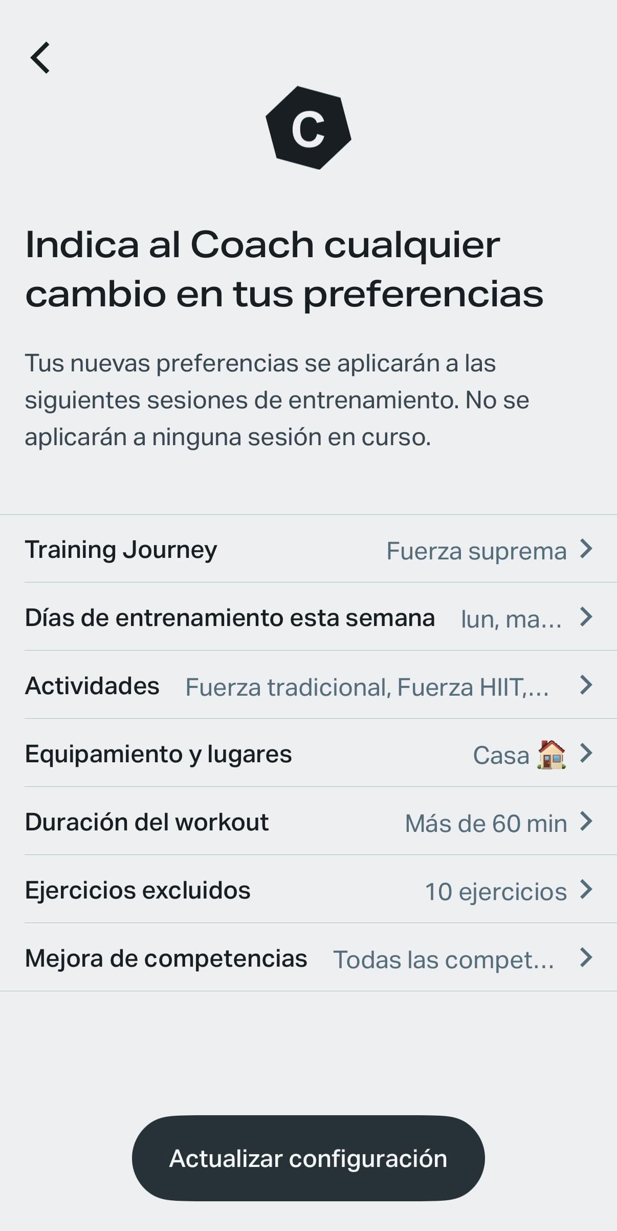 Freeletics Coach - Preferencias