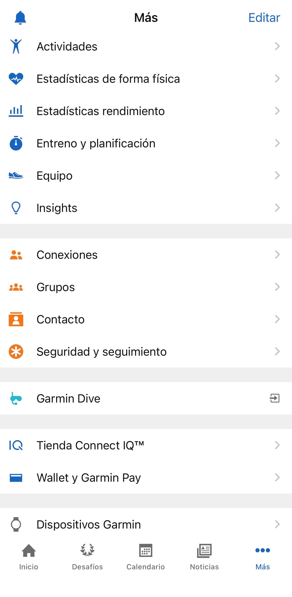 Garmin Connect - Menú de opciones